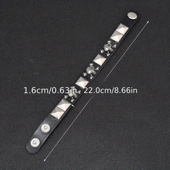 Skull Leather Bracelet Wrist Cuff Rock Edgy Goth Grunge Punk Rivet CrossBones - Picture 3 of 3